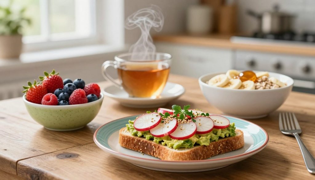 A beautifully arranged healthy breakfast spread on a rustic wooden table. In the foreground, a colorful plate featuring avocado toast topped with radish slices, a sprinkle of sesame seeds, and fresh herbs. Beside it, a bowl of vibrant mixed berries—strawberries, blueberries, and raspberries—alongside a small glass of green smoothie made with spinach and banana. The middle section reveals a cheerful breakfast scene, with a steaming cup of herbal tea and a bowl of oatmeal garnished with sliced bananas and honey. In the background, soft natural light filters through a window, creating a warm and inviting atmosphere. The focus is sharp on the food while a gentle bokeh effect captures the soft kitchen ambiance, evoking a sense of health and nourishment.