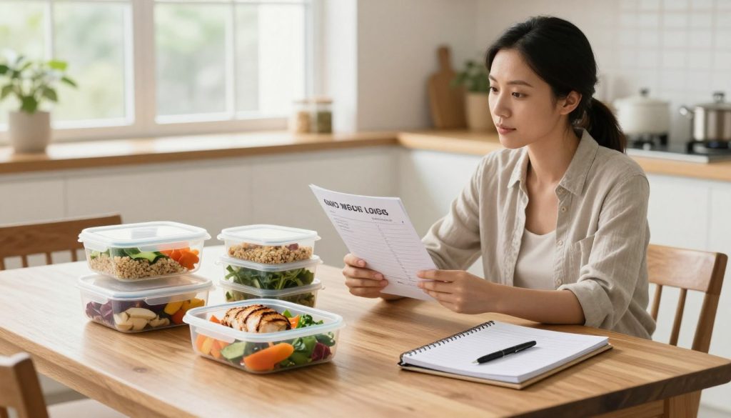 A bright, airy kitchen setting with a wooden dining table in the foreground. On the table, there are neatly organized meal prep containers filled with colorful, healthy ingredients like grilled chicken, quinoa, leafy greens, and vibrant vegetables. A planner and a pen sit beside the containers, suggesting active meal planning. In the background, a window lets in soft natural light, illuminating the space and creating a warm, inviting atmosphere. A woman in modest casual clothing looks thoughtfully at the planner, exuding determination and focus. The scene captures the essence of overcoming obstacles in meal planning for weight loss, emphasizing organization and healthy eating habits. The overall mood is uplifting, promoting a positive approach to consistent meal planning.