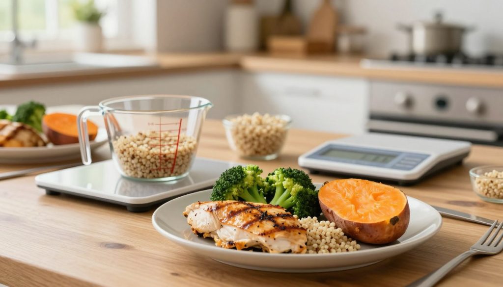 A neatly arranged dinner table featuring a variety of colorful, healthy dishes showcasing portion control. In the foreground, a balanced plate with a small portion of grilled chicken, a serving of steamed broccoli, a scoop of quinoa, and half a sweet potato, all artfully presented. In the middle, a measuring cup and a small scale sit next to the plate, emphasizing the concept of precise portions. The background features a softly blurred kitchen setting, with natural light streaming through a window, creating an inviting atmosphere. The scene has a warm, encouraging mood, suggesting mindfulness in eating. The focus is on the plate and the tools, emphasizing a healthy approach to meal planning.