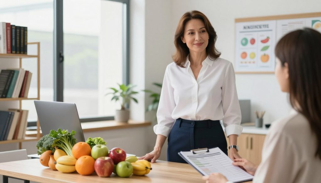 A professional weight loss nutritionist stands confidently in a modern office setting, surrounded by colorful fresh fruits and vegetables arranged artfully on a desk. The nutritionist, a middle-aged woman with shoulder-length brown hair, wears a smart white blouse and navy slacks, exuding warmth and approachability. In the background, a large window lets in natural light, casting a soft, inviting glow throughout the room, enhancing the tranquil atmosphere. Shelves filled with wellness books and dietary charts are visible, emphasizing a commitment to health. The composition is captured from a slight angle, giving depth while focusing on the nutritionist’s friendly expression as she engages with a client over a meal planning guide. The image conveys a sense of encouragement, professionalism, and dedication to supporting a weight management journey. A professional weight loss nutritionist stands confidently in a modern office setting, surrounded by colorful fresh fruits and vegetables arranged artfully on a desk. The nutritionist, a middle-aged woman with shoulder-length brown hair, wears a smart white blouse and navy slacks, exuding warmth and approachability. In the background, a large window lets in natural light, casting a soft, inviting glow throughout the room, enhancing the tranquil atmosphere. Shelves filled with wellness books and dietary charts are visible, emphasizing a commitment to health. The composition is captured from a slight angle, giving depth while focusing on the nutritionist’s friendly expression as she engages with a client over a meal planning guide. The image conveys a sense of encouragement, professionalism, and dedication to supporting a weight management journey.