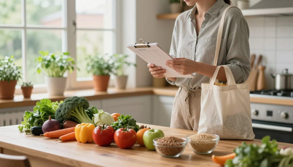 A serene and inviting kitchen scene depicting sustainable eating habits. In the foreground, a wooden table filled with colorful, fresh produce like organic vegetables, fruits, and grains, arranged in an aesthetically pleasing manner. In the middle ground, a person dressed in professional, modest casual attire is thoughtfully inspecting a meal plan on a notepad while holding a reusable grocery bag. The background features large windows with natural light streaming in, illuminating potted herbs and a view of a garden or urban greenery outside. The atmosphere is calm and inspiring, emphasizing mindfulness and intentional choices related to nutrition. Soft lighting enhances the warmth and suggests a sense of community and care within sustainable living.