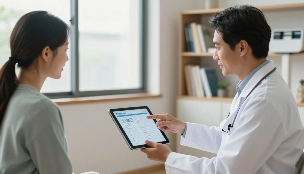 A serene medical office setting showcases a collaborative consultation between a doctor and a patient discussing a medical weight loss program. In the foreground, a diverse, professional-looking doctor in a lab coat uses a digital tablet, pointing to a visual plan on the screen. The patient, dressed in smart casual attire, listens attentively, displaying optimism. In the middle, a large window allows natural light to flood the room, creating an inviting, warm atmosphere. In the background, shelves filled with medical books and a scale emphasize the focus on health and weight loss. The overall mood is supportive and motivational, highlighting a professional healthcare environment. The image should have soft lighting, a slightly blurred background to focus on the consultation, and a camera angle that captures both individuals engaged in a meaningful discussion.