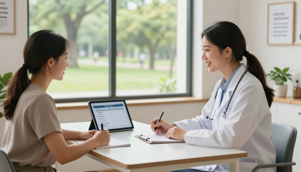 A serene, well-lit consultation room with a large window offering a view of a peaceful green park in the background. In the foreground, a friendly healthcare professional, dressed in professional attire, is seated at a sleek desk, discussing a weight loss strategy with a patient who is actively engaged and taking notes. The patient, wearing modest casual clothing, appears inspired and motivated. A digital tablet displaying a weight loss plan is placed on the desk. Soft, natural lighting illuminates the space, creating a warm and inviting atmosphere. Include motivational décor on the walls, such as framed health tips and a plant on the shelf nearby. The overall mood conveys support, encouragement, and professionalism as they work together for lasting weight loss success.
