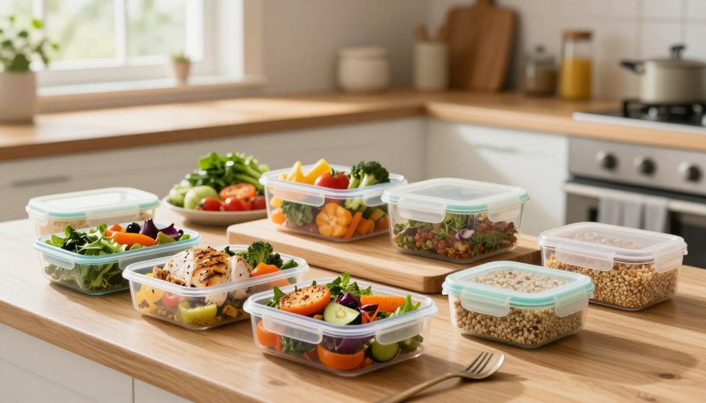 A vibrant and organized kitchen counter showcasing a balanced meal planning setup. In the foreground, there are colorful meal prep containers filled with a variety of healthy foods – grilled chicken, roasted vegetables, leafy greens, and whole grains, all neatly arranged. In the middle ground, a wooden cutting board displays fresh ingredients like fruits, herbs, and spices, emphasizing the preparation process. The background features a cozy, well-lit kitchen with soft, natural lighting coming through a window, adding warmth to the scene. The atmosphere is inviting and motivational, inspiring viewers to adopt healthy eating habits. The composition should capture a sense of order and creativity, showcasing a step-by-step approach to meal planning.