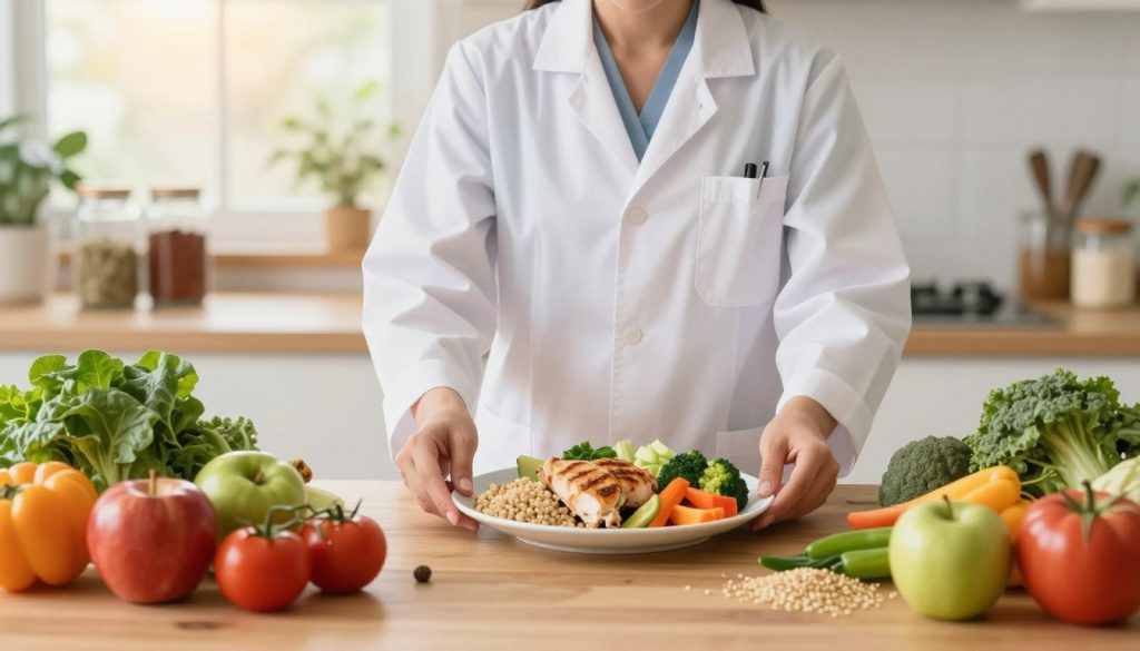 A vibrant, health-focused kitchen setting as the foreground, featuring a diverse array of colorful, fresh ingredients such as leafy greens, fruits, and whole grains laid out on a wooden table. In the middle, a professional nutritionist in a white lab coat is carefully arranging a plate with a balanced meal, showcasing a portion of grilled chicken, quinoa, and an assortment of vegetables. The background should include soft-focus elements like jars of spices and a window letting in warm, natural light that creates a welcoming and motivating atmosphere. The composition, shot at eye level using a 50mm lens, should evoke a sense of hope, positivity, and inspiration, encouraging viewers to embrace a weight management diet. A vibrant, health-focused kitchen setting as the foreground, featuring a diverse array of colorful, fresh ingredients such as leafy greens, fruits, and whole grains laid out on a wooden table. In the middle, a professional nutritionist in a white lab coat is carefully arranging a plate with a balanced meal, showcasing a portion of grilled chicken, quinoa, and an assortment of vegetables. The background should include soft-focus elements like jars of spices and a window letting in warm, natural light that creates a welcoming and motivating atmosphere. The composition, shot at eye level using a 50mm lens, should evoke a sense of hope, positivity, and inspiration, encouraging viewers to embrace a weight management diet.