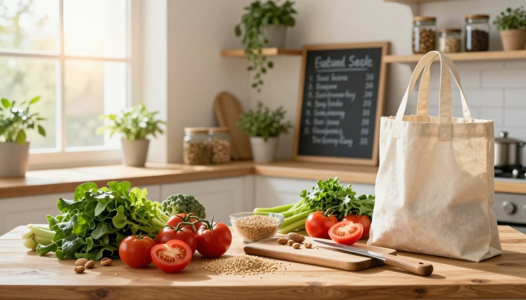 A vibrant kitchen scene showcasing a beautifully arranged eco-friendly meal plan. In the foreground, a wooden table is filled with colorful, fresh ingredients: leafy greens, ripe tomatoes, whole grains, and nuts, artfully arranged. A reusable shopping bag made from organic materials rests beside a cutting board with preparation tools. In the middle ground, a radiant sunlight streams through a window, casting warm light on a chalkboard menu that lists sustainable recipes, emphasizing seasonal produce. The background features cozy kitchen shelves adorned with potted herbs and jars of natural spices, enhancing the earthy feel. The overall atmosphere is inviting and wholesome, symbolizing the joy of sustainable eating. The image captures the essence of mindful meal preparation and eco-conscious shopping habits.