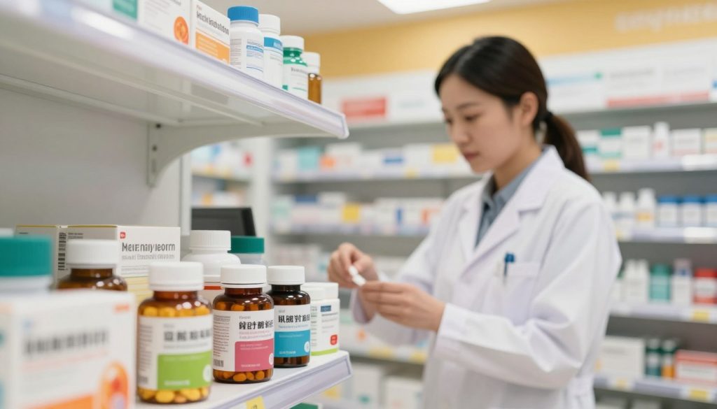 A well-lit, modern pharmacy shelf showcasing an array of medical weight loss medications. In the foreground, several labeled pill bottles and boxes with colorful designs, clearly indicating their purpose. The middle ground features a focused pharmacist in a professional white lab coat, confidently arranging the products, exuding expertise and care. The background displays a tidy, contemporary pharmacy interior with soft, warm lighting creating an inviting atmosphere, emphasizing a sense of trust and hope in weight loss solutions. The lens should capture a close-up angle that highlights the medications and the pharmacist, evoking a feeling of professionalism and optimism regarding obesity treatment options.